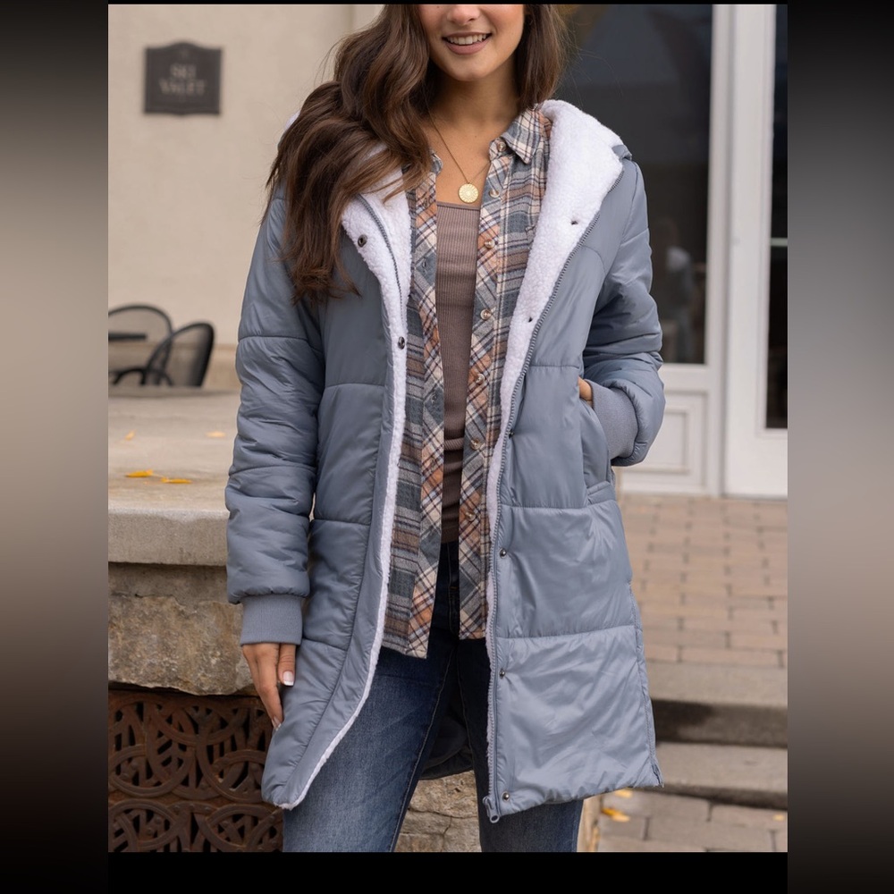 Grace & Lace Longline Silver Mist Hooded Puffer Jacket